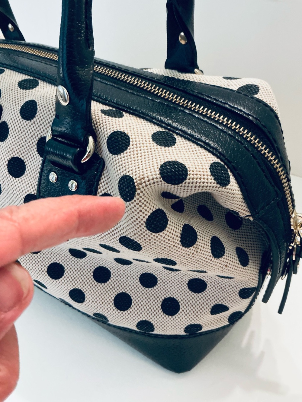 KATE SPADE, Justina Ashlyn Belltown Polka Dot Canvas and Leather Satchel Handbag - Picture 10 of 16